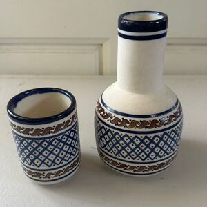 Vintage Signed Javier Servin Mexican Hand Painted Ceramic Carafe Matching Cup